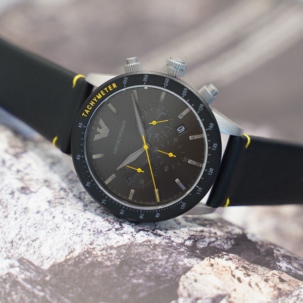 [EMPORIO] ARMANI 塔基米 男士皮革手錶 黑色 石英手錶 AR11325